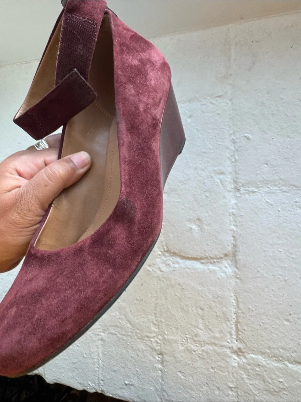 Clarks Burgundy Suede Ankle-Strap Wedges